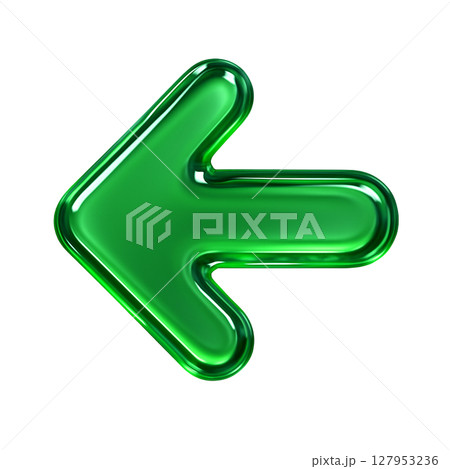 光沢感のある緑の左向き矢印アイコン、立体的なガラス風の左矢印、明るいグリーンの左向き記号 127953236