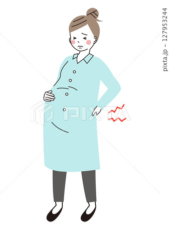 腰痛で辛そうな表情の妊婦さんのイラスト 127953244