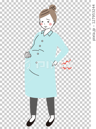 腰痛で辛そうな表情の妊婦さんのイラスト 127953244