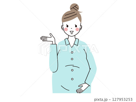 どうぞのポーズをしている笑顔の妊婦さんのイラスト(上半身) どうぞのポーズをしている笑顔の妊婦さんのイラスト(上半身) 127953253