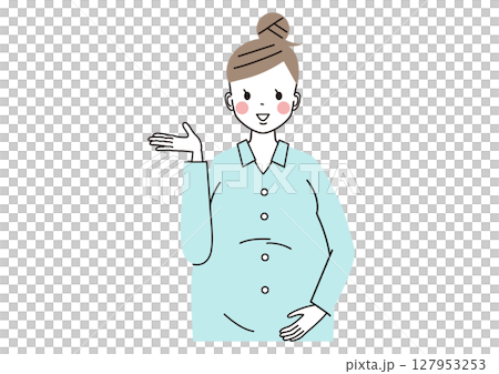 一位微笑的孕婦做「請」姿勢的插圖（上半身） 127953253