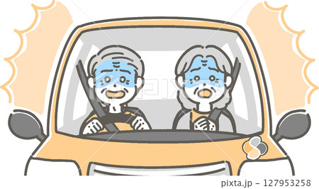 驚いて青ざめた表情の、車を運転する高齢者のイラスト 驚いて青ざめた表情の、車を運転する高齢者のイラスト 127953258