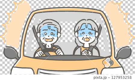 驚いて青ざめた表情の、車を運転する高齢者のイラスト 驚いて青ざめた表情の、車を運転する高齢者のイラスト 127953258