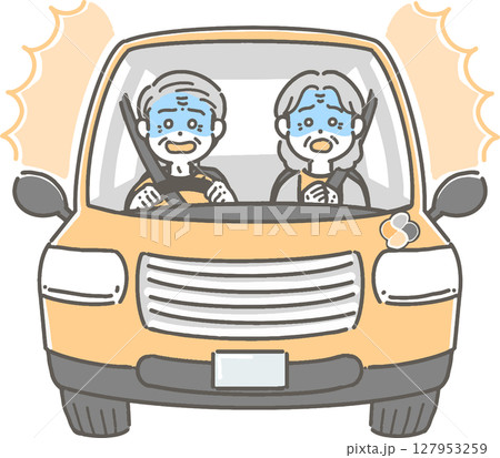 驚いて青ざめた表情の、車を運転する高齢者のイラスト 127953259