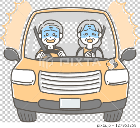 驚いて青ざめた表情の、車を運転する高齢者のイラスト 127953259