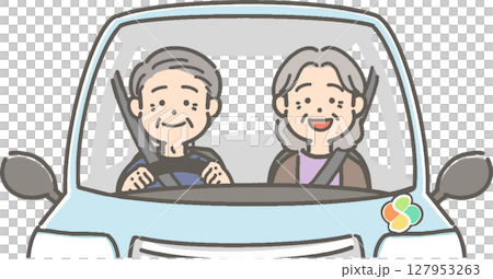 一對老年夫婦駕駛汽車的插圖 127953263