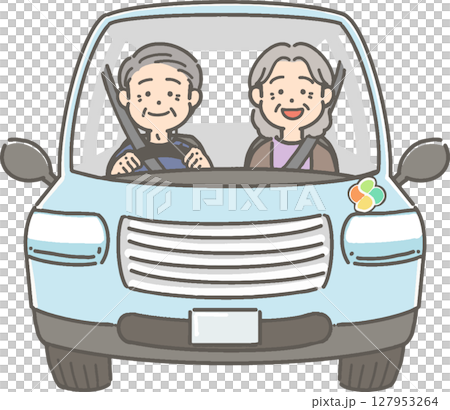 一對老年夫婦駕駛汽車的插圖 127953264