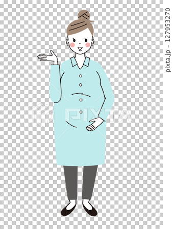どうぞと案内のポーズをしている妊婦さんのイラスト 127953270
