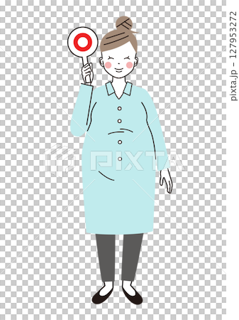 一位孕婦微笑著舉著圓形標語牌的插圖 127953272