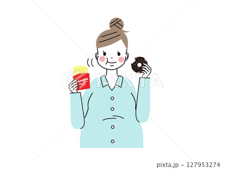 ポテトとドーナツをもぐもぐ食べている妊婦さんのイラスト（上半身） 127953274
