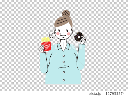ポテトとドーナツをもぐもぐ食べている妊婦さんのイラスト（上半身） 127953274