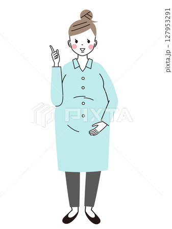 指差しポーズをしている妊婦さんの全身イラスト 127953291