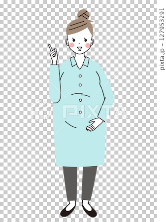 指差しポーズをしている妊婦さんの全身イラスト 127953291