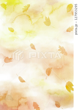 水彩画を背景に秋の葉っぱが舞い落ちる幻想的風景。黄色や茶色を使用した秋らしいイラスト。 水彩画を背景に秋の葉っぱが舞い落ちる幻想的風景。黄色や茶色を使用した秋らしいイラスト。 127953295