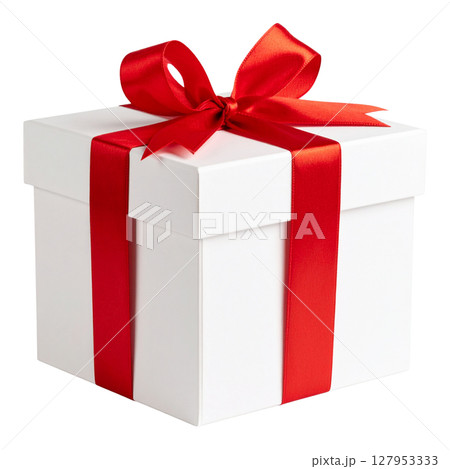 A vibrant red gift box adorned with a festive ribbon and bow, perfect for any holiday or celebration present 127953333