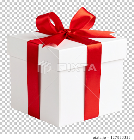 A vibrant red gift box adorned with a festive ribbon and bow, perfect for any holiday or celebration present 127953333