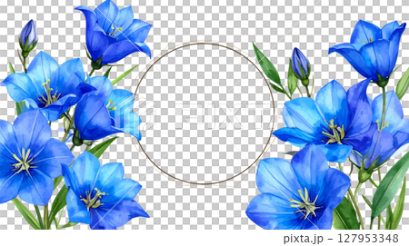 Beautiful floral frame with blooming blue and purple flowers. 127953348