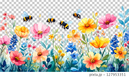 Colorful spring flowers, including tulips, bloom beautifully in a garden on a white background. 127953351