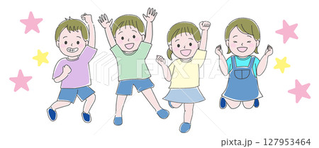 ジャンプして喜ぶ子供たち4人 127953464