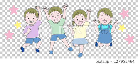 ジャンプして喜ぶ子供たち4人 127953464