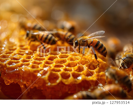 Honeybee honeycomb close up golden natural sweet insect macro detailed texture hive wax organic Honeybee honeycomb close up golden natural sweet insect macro detailed texture hive wax organic 127953514