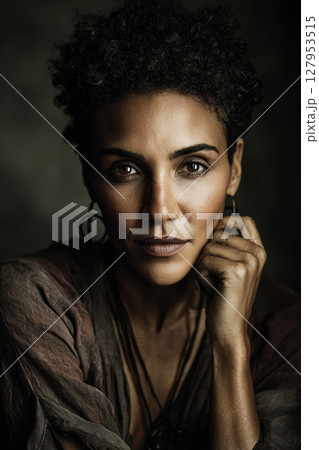 Powerful confident portrait person woman curly hair brown skin intense gaze jewelry ring earring Powerful confident portrait person woman curly hair brown skin intense gaze jewelry ring earring 127953515