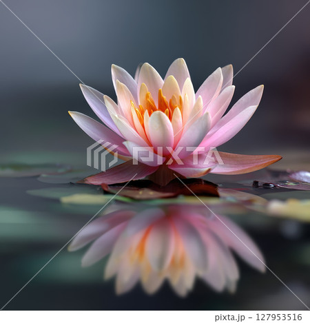 Pink lotus flower blooming on calm water, soft light, peaceful mood, close up reflection 127953516