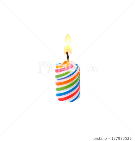 Colorful birthday candles lit for a fun party celebration on a white background 127953529