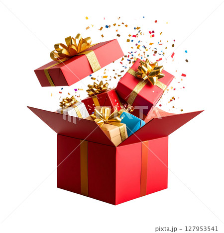 Festive red ribbon decorates a special Christmas gift box on a white background Festive red ribbon decorates a special Christmas gift box on a white background 127953541