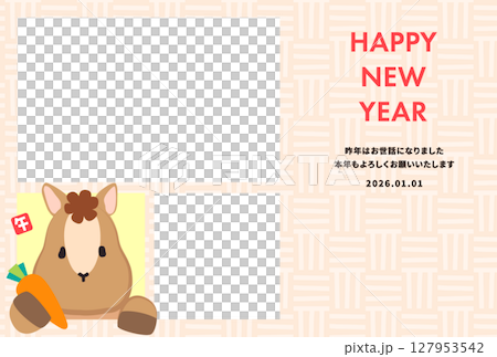 一張簡單的 2026 年馬年照片新年賀卡,上面有一匹可愛的馬從窗外探出頭來 一張簡單的 2026 年馬年照片新年賀卡,上面有一匹可愛的馬從窗外探出頭來 127953542