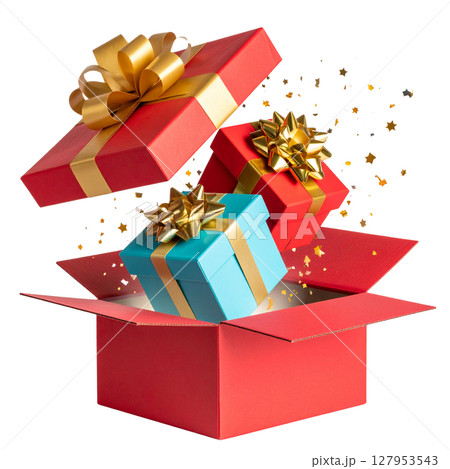 Festive red ribbon decorates a special Christmas gift box on a white background 127953543