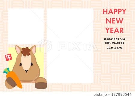 かわいい馬が窓から顔を出しているシンプルな2026年午年フォト年賀状 127953544