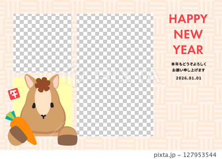 かわいい馬が窓から顔を出しているシンプルな2026年午年フォト年賀状 127953544