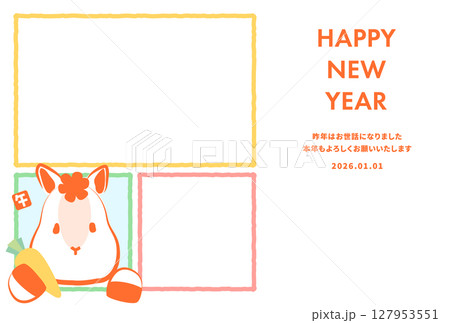 かわいい白馬が窓から顔を出しているシンプルな2026年午年フォト年賀状 白背景 かわいい白馬が窓から顔を出しているシンプルな2026年午年フォト年賀状 白背景 127953551