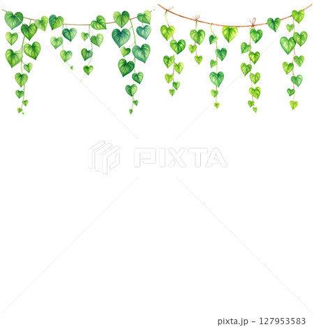 Green leaf frame border design with natural flowers illustration on white background. 127953583
