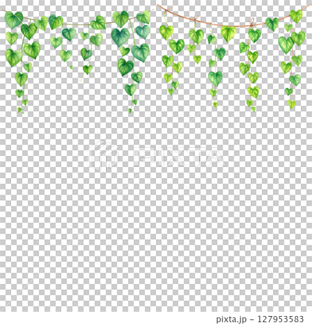Green leaf frame border design with natural flowers illustration on white background. 127953583