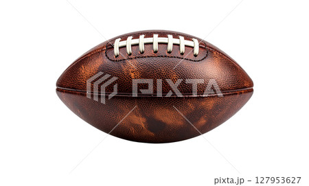 Old brown leather soccer ball in separate pieces on white background. Old brown leather soccer ball in separate pieces on white background. 127953627