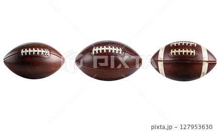 Old brown leather soccer ball in separate pieces on white background. Old brown leather soccer ball in separate pieces on white background. 127953630