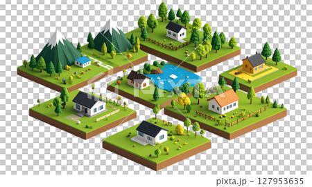 3D city illustration with residential city buildings, trees and roads on white background. 127953635