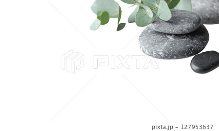 Zen stones with perfectly balanced green leaves on a white background. 127953637