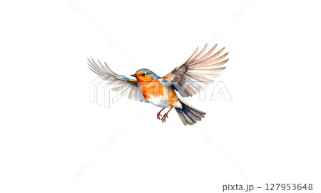 White bird with wings, beak and colorful yellow feathers on a white background. 127953648
