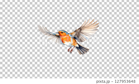 White bird with wings, beak and colorful yellow feathers on a white background. 127953648