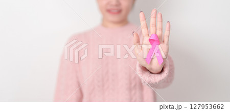 Pink October Breast Cancer Awareness month concept, woman with pink Ribbon for May Women Health, August World Breastfeeding week, Nursing Mothers, Pregnancy and Infant Loss Remembrance, Stillbirth 127953662