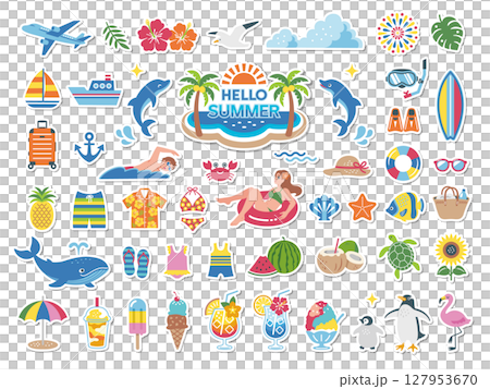 Summer beach and travel sticker style icon set 127953670