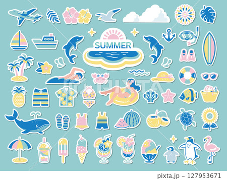 夏のビーチと旅行のステッカー風アイコンセット 127953671