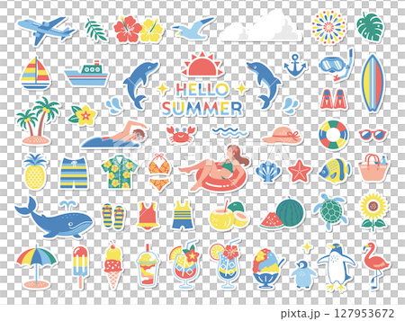 夏のビーチと旅行のステッカー風アイコンセット 127953672