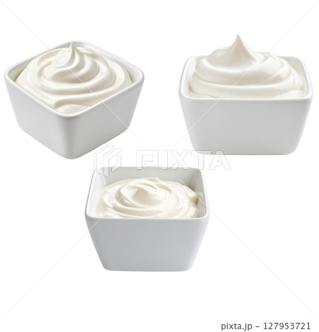 Fresh milk yogurt with cream in glass and bowl on white background Fresh milk yogurt with cream in glass and bowl on white background 127953721