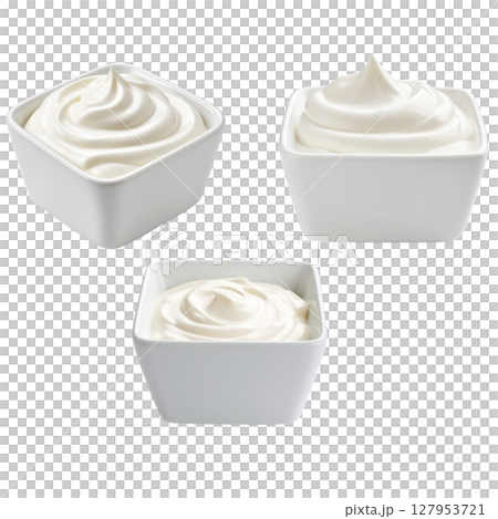 Fresh milk yogurt with cream in glass and bowl on white background Fresh milk yogurt with cream in glass and bowl on white background 127953721