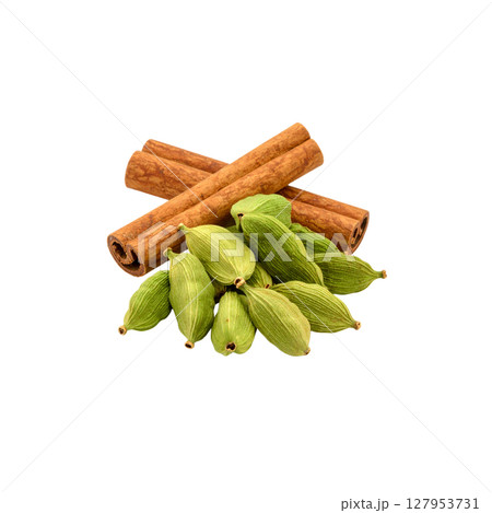 Aromatic brown cinnamon sticks and star anise are sweet spice ingredients for food on white background. 127953731