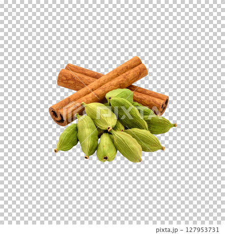 Aromatic brown cinnamon sticks and star anise are sweet spice ingredients for food on white background. 127953731